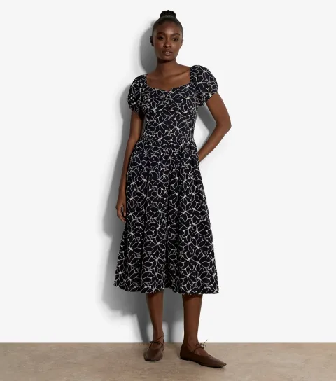 Navy Embroidered Floral Milkmaid Midi Dress