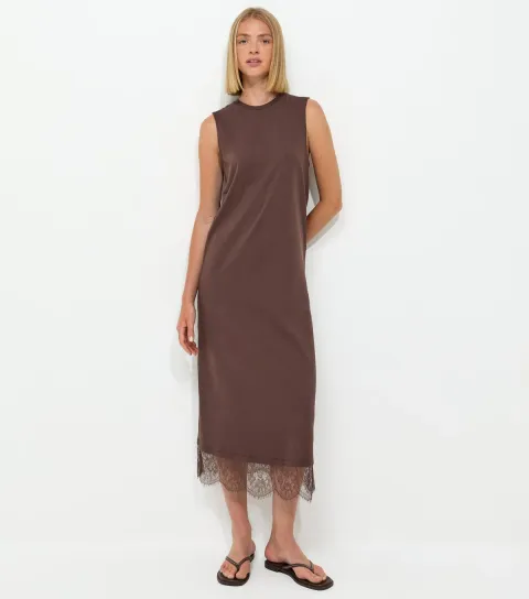 Dark Brown Cotton Sleeveless Lace Hem T-Shirt Midi Dress