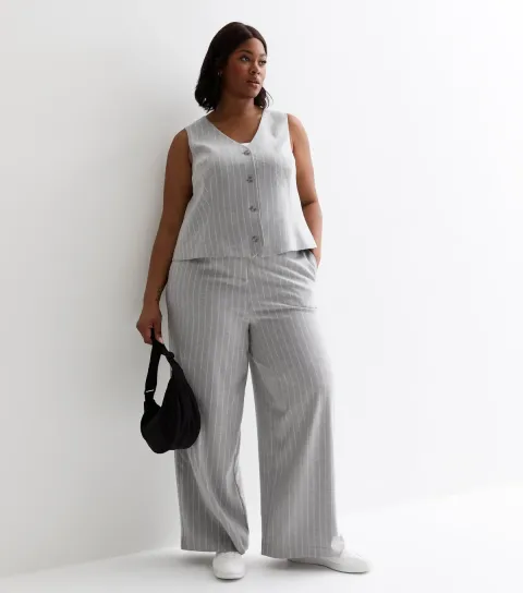 Plus Size Light Grey Stripe Wide Leg Trousers Curves