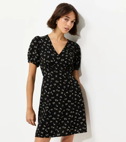 Black Floral Short Sleeve Mini Dress