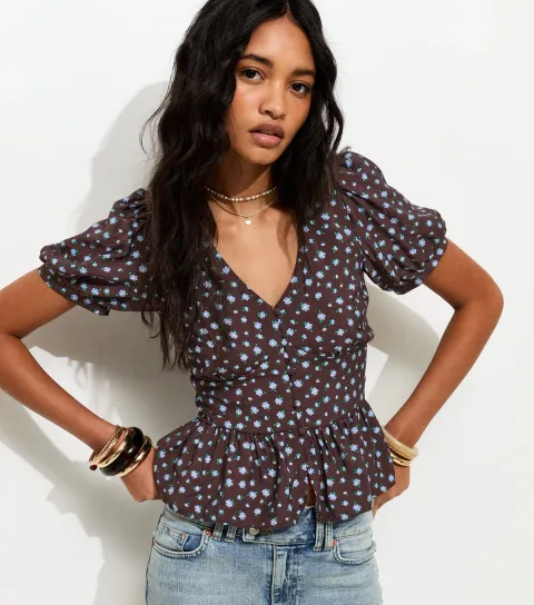 Brown Floral Puff Sleeve Tea Blouse
