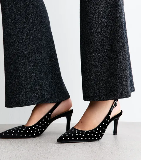 Black Velvet Diamanté Slingback Court Shoes Vegan