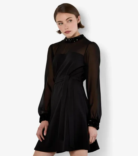 Black Sequin Trim Belted Mini Dress