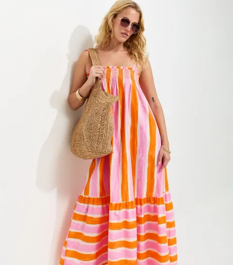 Tall Orange Cotton Stripe Strappy Midi Dress
