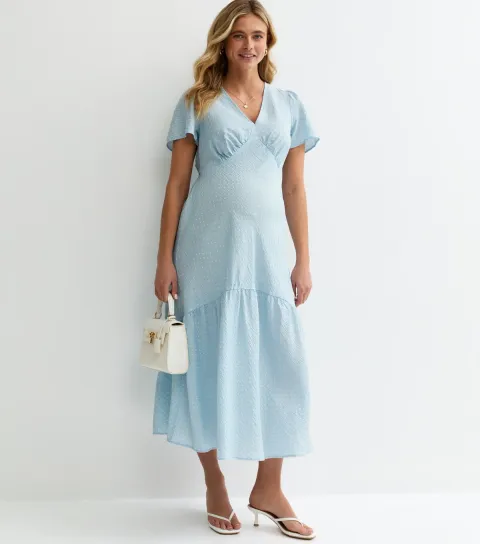 Maternity Light Blue Polka Dot Tiered Tea Midi Dress