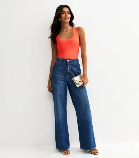 Bright Orange Slinky Square Neck Sleeveless Bodysuit