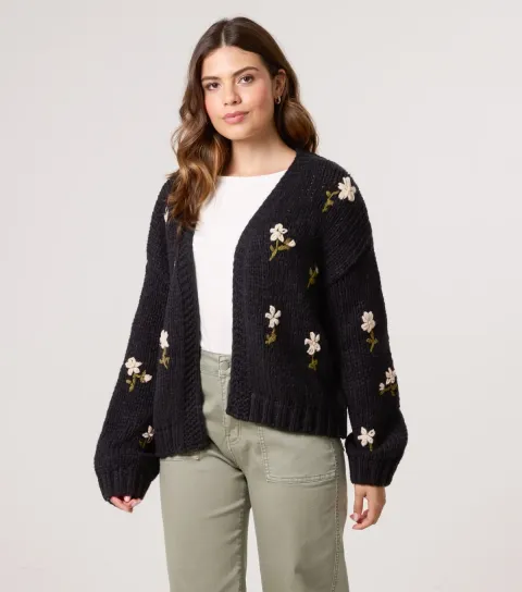 Black Floral Embroidered Cardigan