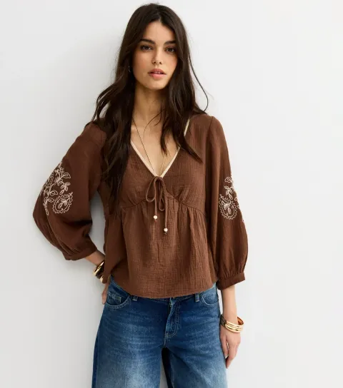 Dark Brown Embroidered Sleeve Tea Blouse