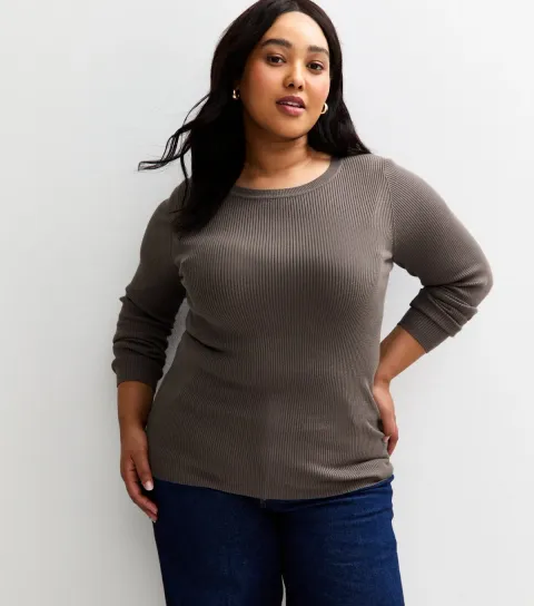 Plus Size Burgundy Ribbed Knit Crew Neck Jumper Curves