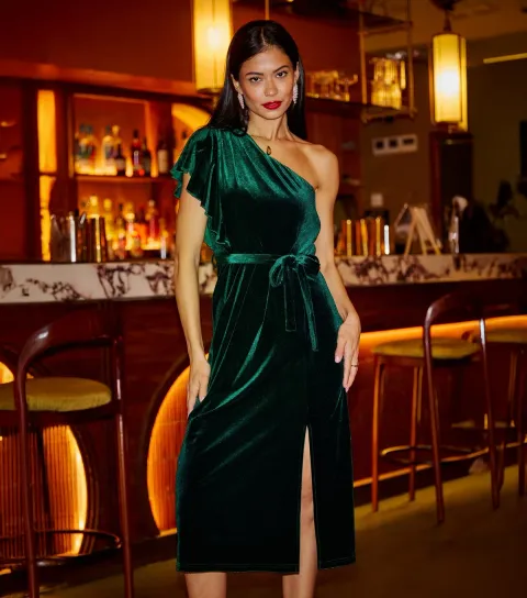 Dark Green Velvet One Shoulder Midi Dress