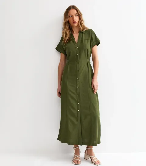 Dark Khaki Linen Blend Shirt Midi Dress