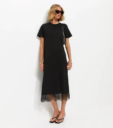 Black Lace Hem T-Shirt Midi Dress