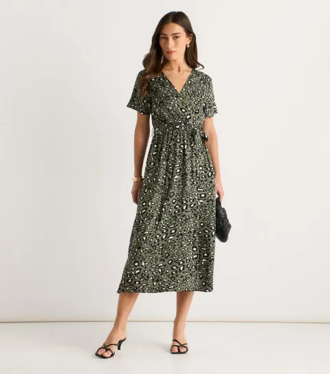 Light Khaki Animal Print Wrap Midi Dress