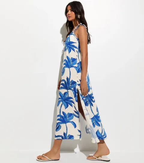 Blue Palm Tree Print Beach Maxi Dress