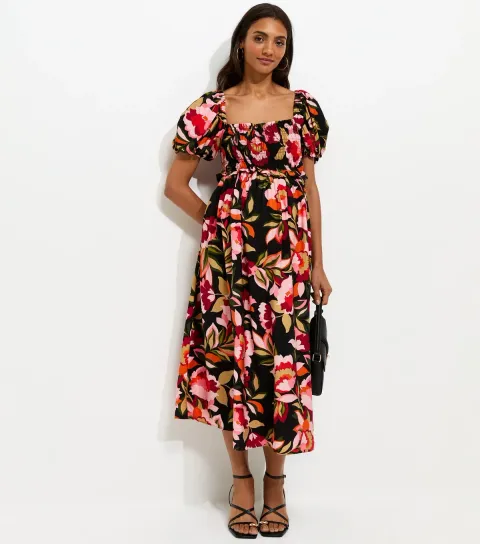 Maternity Black Floral Milkmaid Midi Dress