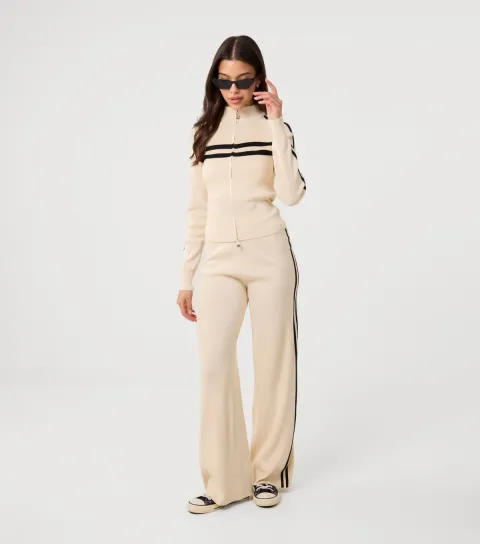 Stone Contrast Trim Wide Leg Trousers