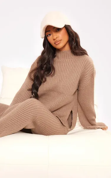 Petite Mocha Luxe Rib Knit Oversized Jumper