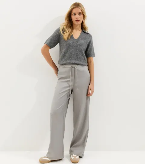 Light Grey Tie Waist Wide Leg Trousers