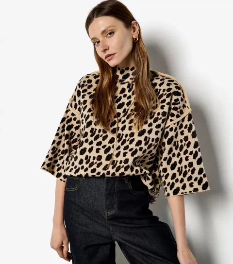 Brown Animal High Neck Boxy Fit Jumper