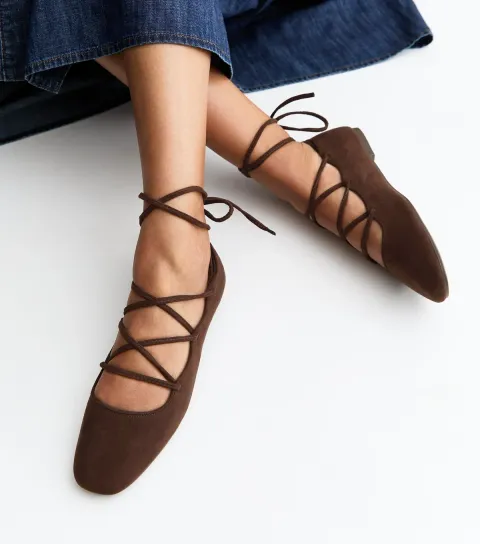 Brown Faux Suede Lace Up Ballet Pumps Vegan