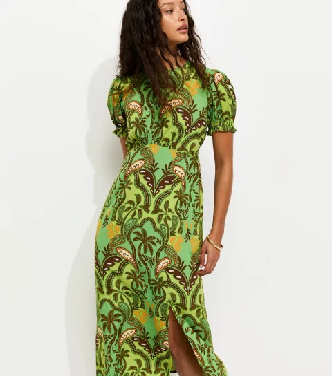 Green Paisley Short Sleeve Midi Dress
