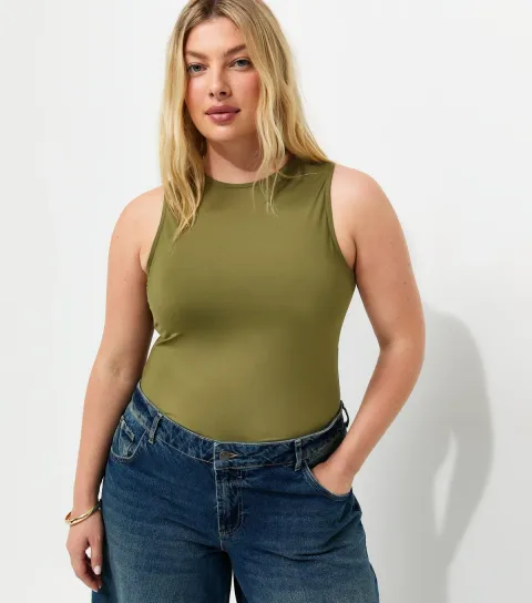 Plus Size Dark Khaki Slinky Racerback Bodysuit Curves