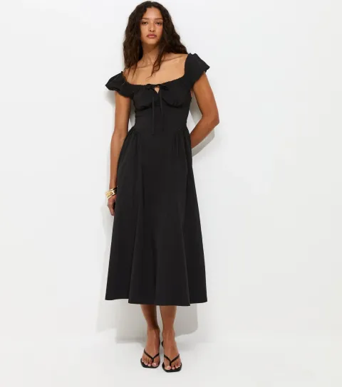 Black Lace Trim Milkmaid Midi Dress