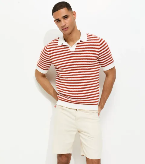 Rust Striped Knitted Polo Shirt