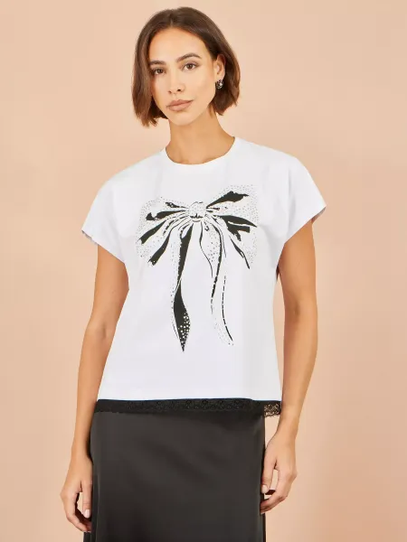 Yumi Lace Bow Print Embellished T-Shirt