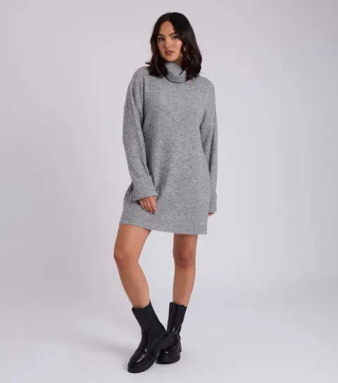 Grey Roll Neck Knit Mini Dress