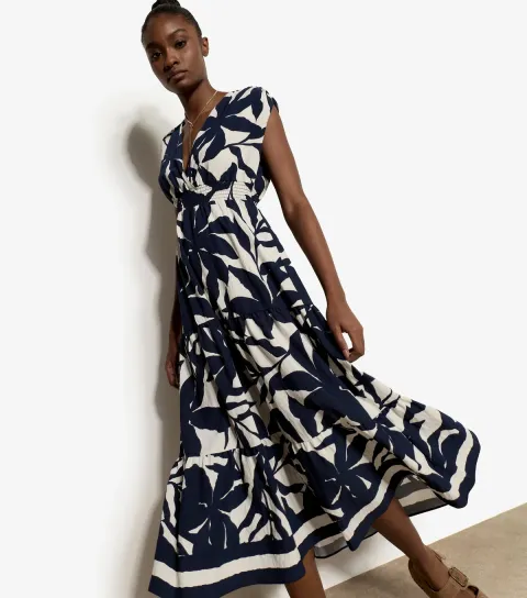 Blue Floral Silhouette Print Midi Dress