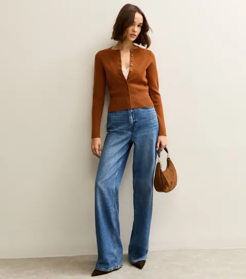 Tan Compact Knit Crew Neck Cardigan