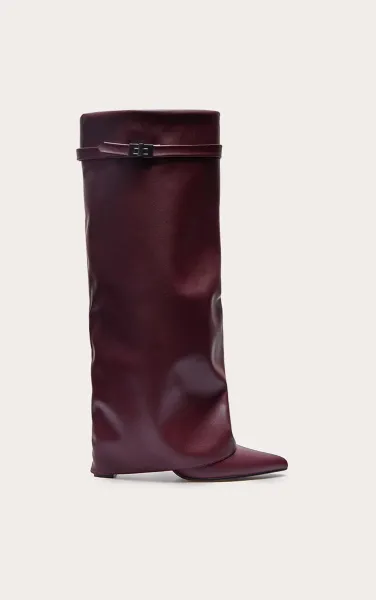 Burgundy PU Point Toe Fold Over Knee Block Heeled Boots