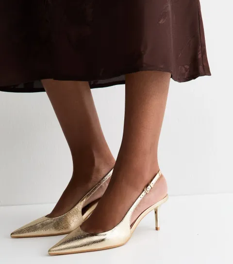 Gold Faux Leather Pointed Toe Slingback Pumps