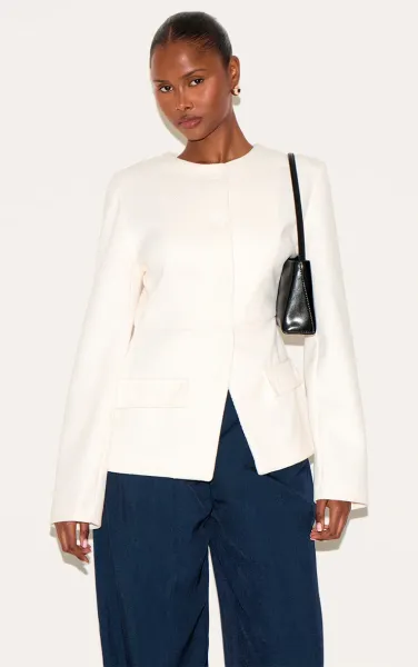 Cream Button Up Longline Collarless Blazer