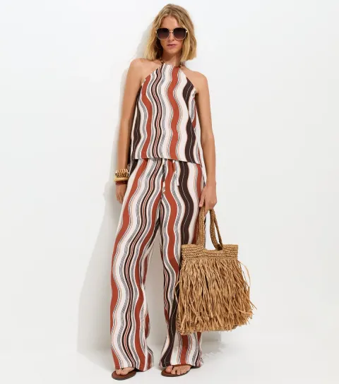 Brown Wave Print Wide Leg Trousers