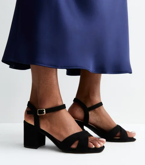 Wide Fit Black Block Heel Cross Strap Sandals Vegan