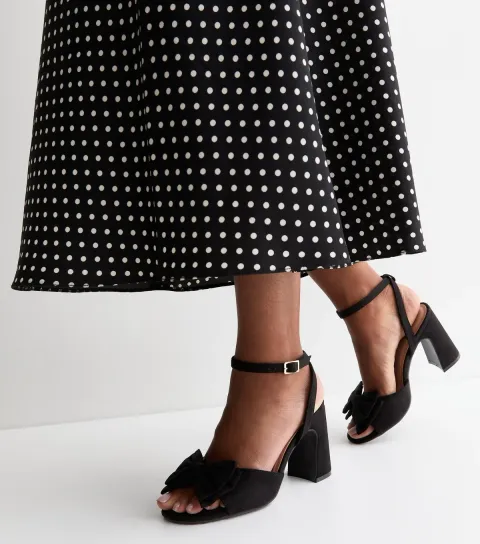Wide Fit Black Faux Suede Bow Block Heel Sandals Vegan