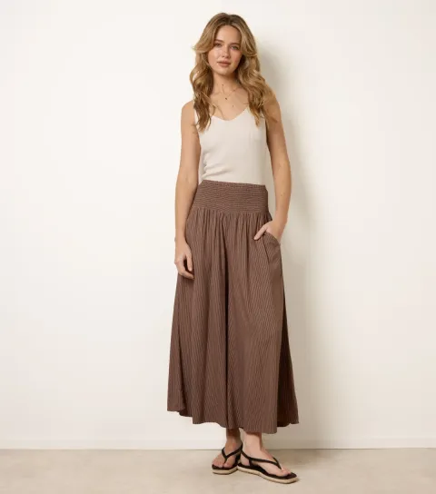 Light Brown Striped Shirred Waist Wide Leg Trousers