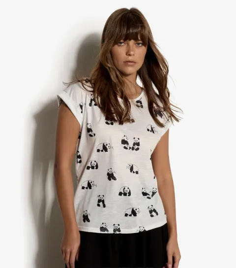 White Jersey Panda Print T-Shirt