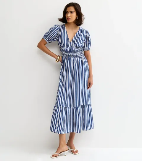 Blue Crepe Striped V-Neck Short Sleeve Midi Dress