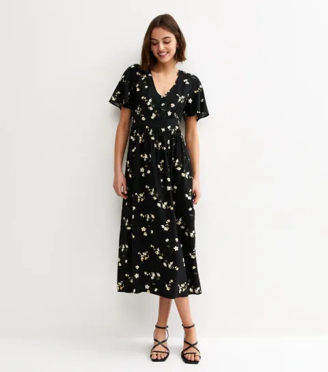 Black Floral Flutter Sleeve Midi Dress