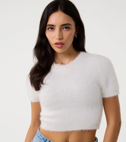 Off White Short Sleeve Fluffy Jumper