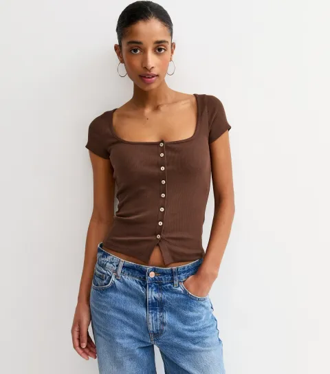 Dark Brown Square Neck Button Through T-Shirt