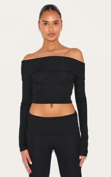 Black Rib Bardot Longline Foldover Top