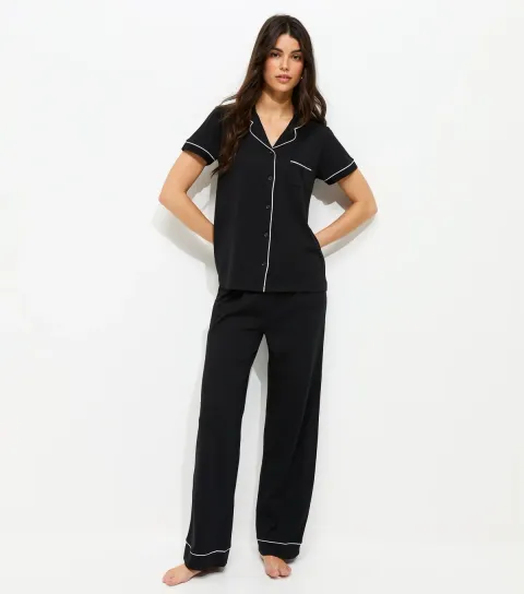 Black Contrast Piping Revere Shirt and Trousers Pyjama Set