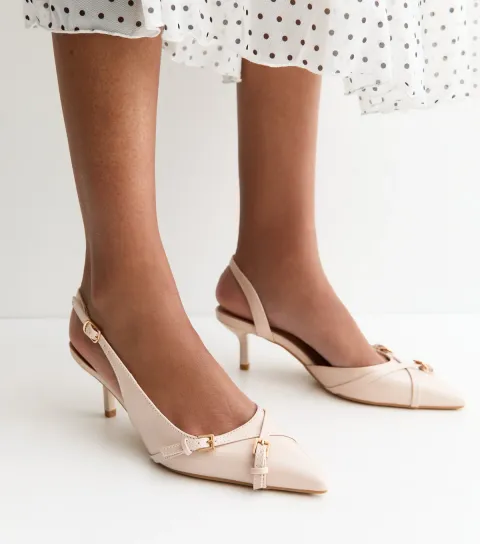 Off White Buckle Detail Patent Slingback Court Shoes Vegan