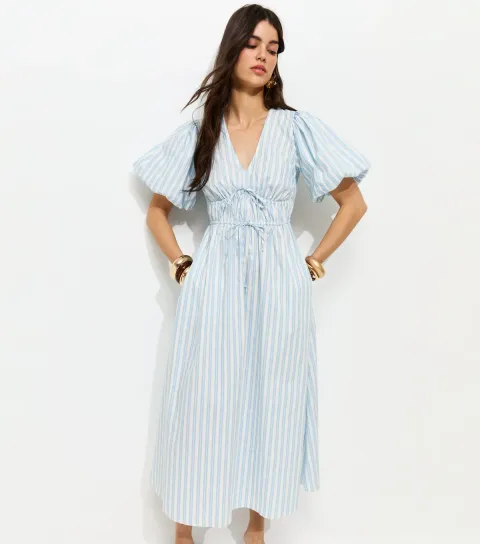 Blue Striped Puff Sleeve Midi Dress