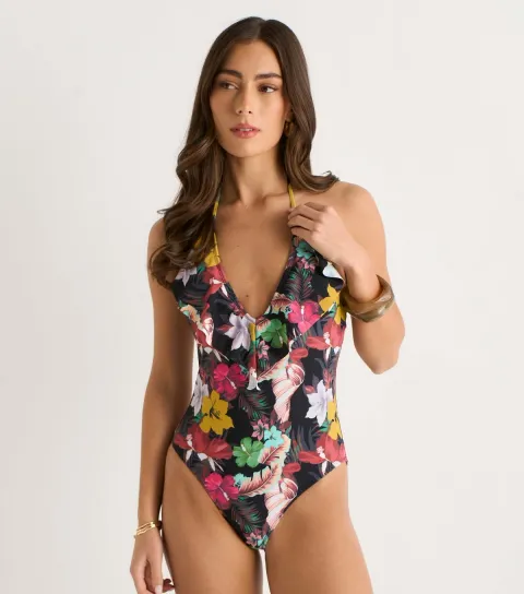 Multicolour Tropical Print Ruffle Front Swimsuit
