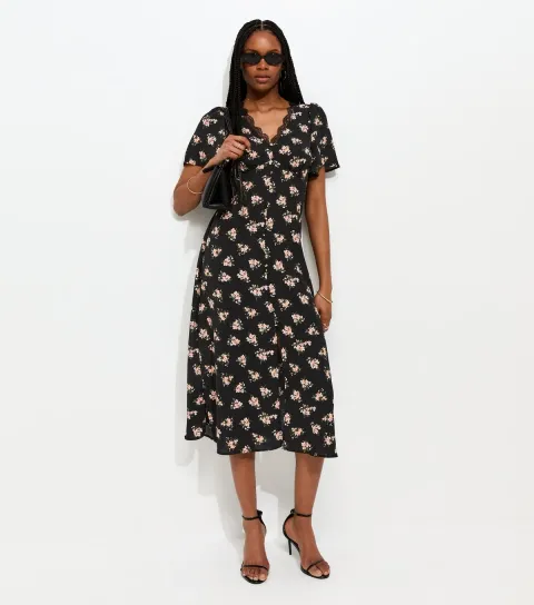 Black Floral Lace V-Neck Button Midi Dress